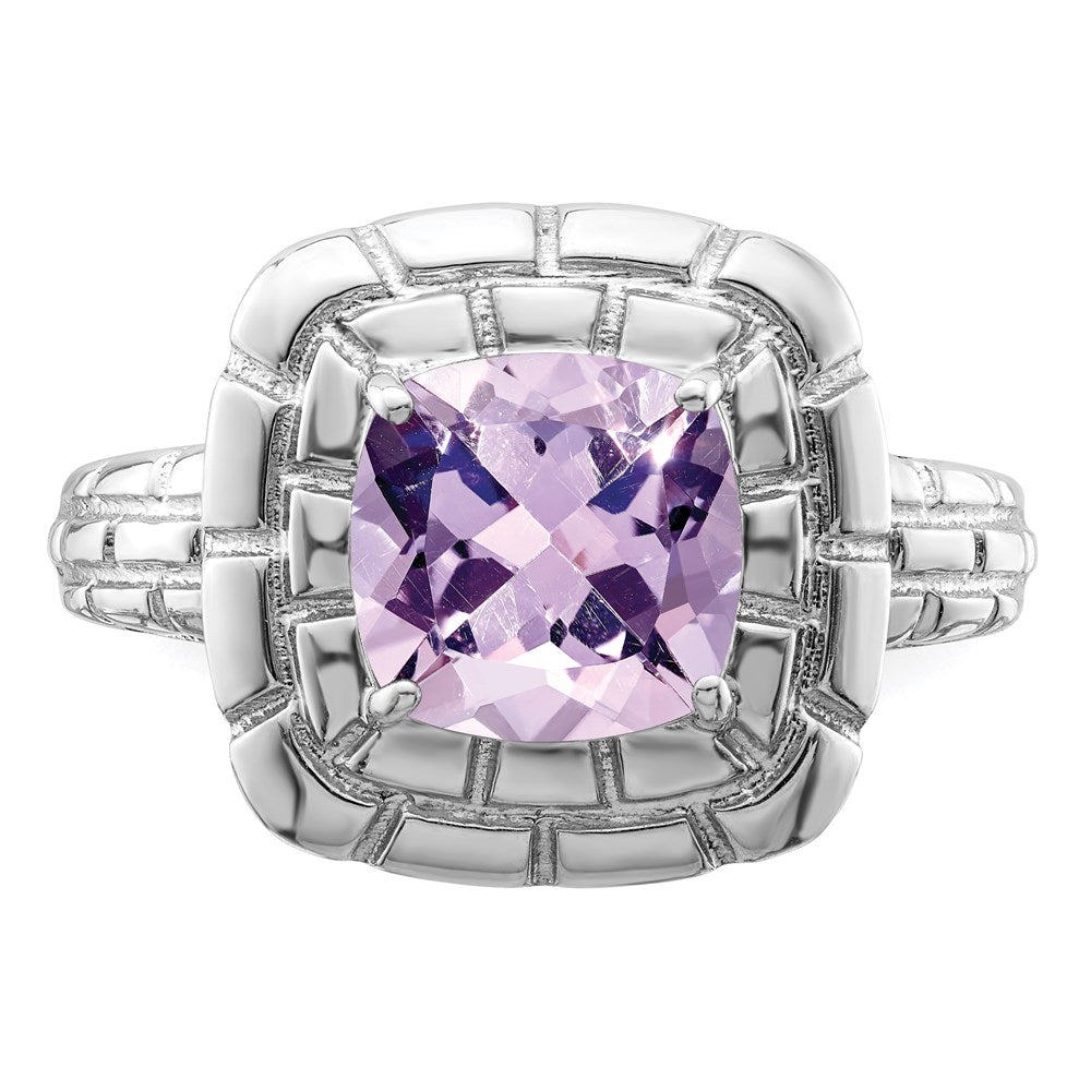 Sterling Silver Rhodium Checker-Cut Pink Quartz Ring