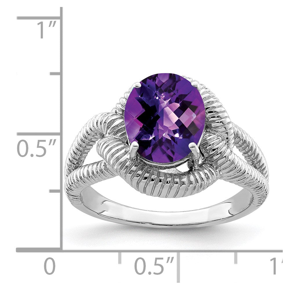 Sterling Silver Rhodium-plated Oval Checker-Cut Amethyst Ring