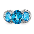 Sterling Silver Rhodium Checker-Cut Blue Topaz & Diam. Ring