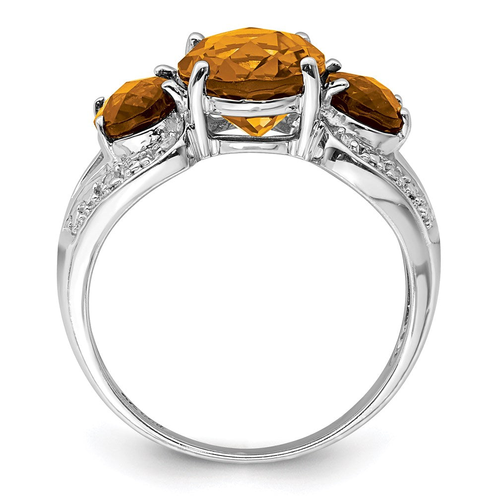 Sterling Silver Rhodium Oval Checker-Cut Whiskey Quartz & Diam. Ring