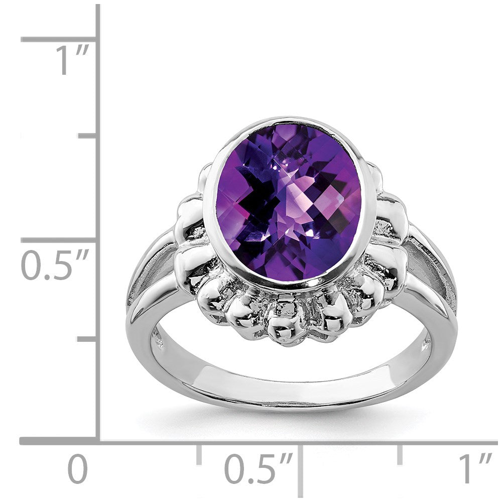 Sterling Silver Rhodium-plated Oval Checker-Cut Amethyst Ring