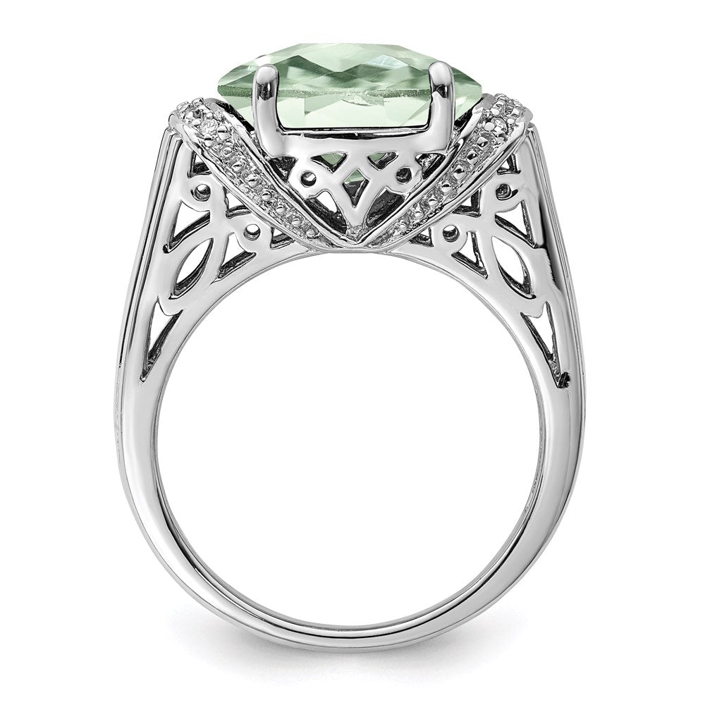Sterling Silver Rhodium Checker-Cut Green Quartz & Diam. Ring