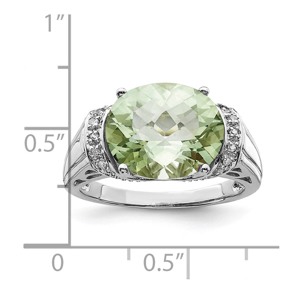 Sterling Silver Rhodium Checker-Cut Green Quartz & Diam. Ring