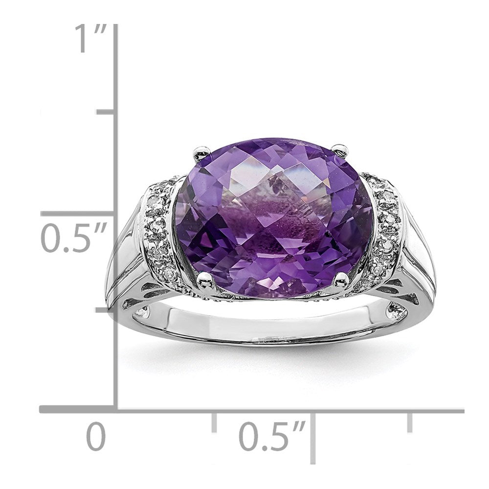 Sterling Silver Rhodium Oval Checker-Cut Amethyst & Diamond Ring