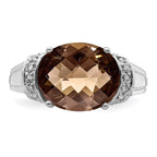 Sterling Silver Rhodium Checker-Cut Smoky Quartz & Diam. Ring