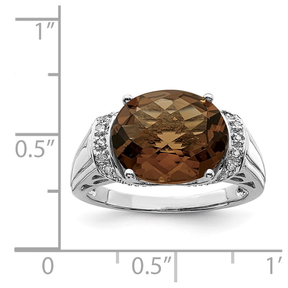 Sterling Silver Rhodium Checker-Cut Smoky Quartz & Diam. Ring