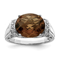 Sterling Silver Rhodium Checker-Cut Smoky Quartz & Diam. Ring