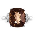 Sterling Silver Rhodium Checker-Cut Smoky Quartz & Diam. Ring
