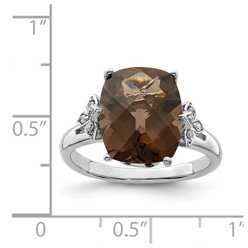Sterling Silver Rhodium Checker-Cut Smoky Quartz & Diam. Ring