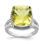 Sterling Silver Rhodium Checker-Cut Lemon Quartz Ring