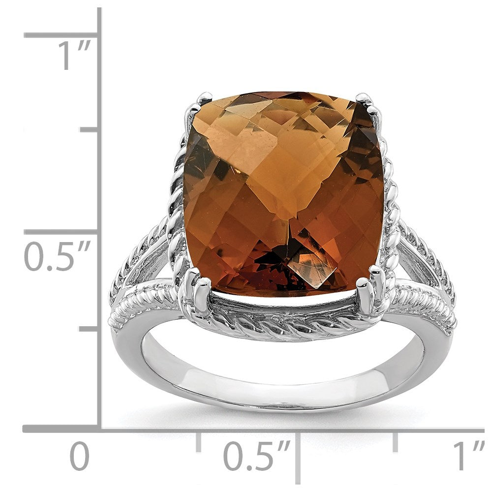 Sterling Silver Rhodium Checker-Cut Whiskey Quartz Ring