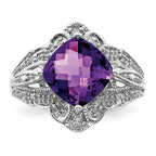 Sterling Silver Rhodium-plated Checker-Cut Amethyst & Diamond Ring