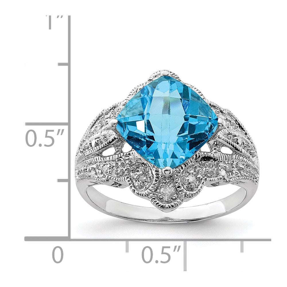 Sterling Silver Rhodium Checker-Cut Blue Topaz & Diam. Ring