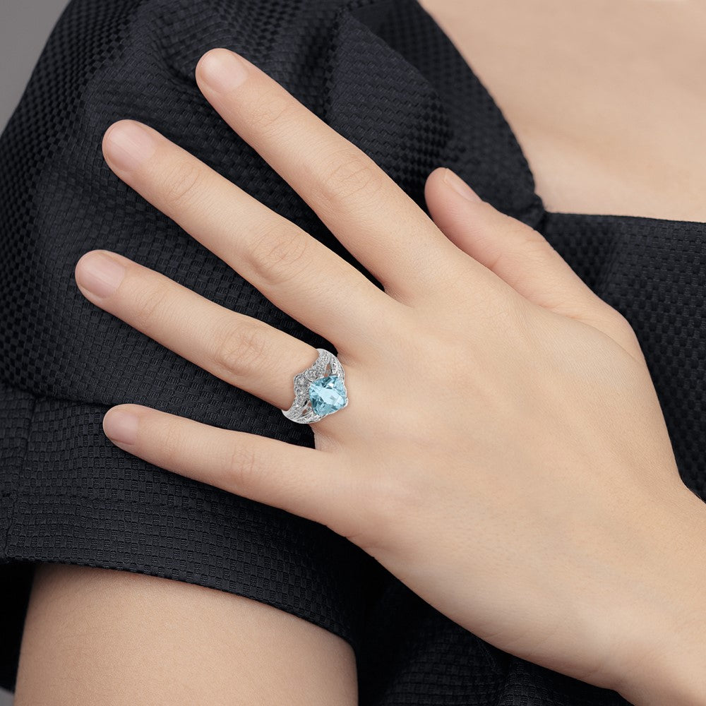 Sterling Silver Rhodium Checker-Cut Sky Blue Topaz & Diam. Ring