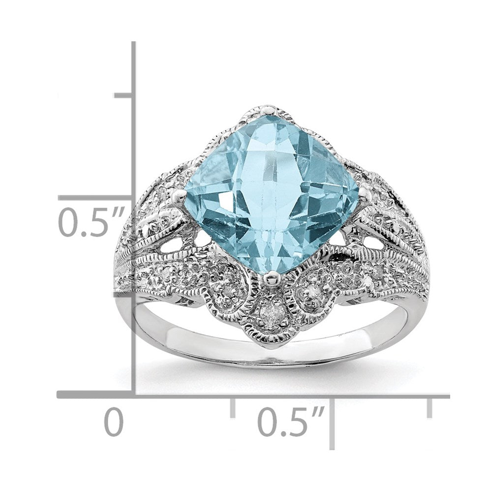 Sterling Silver Rhodium Checker-Cut Sky Blue Topaz & Diam. Ring