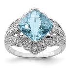 Sterling Silver Rhodium Checker-Cut Sky Blue Topaz & Diam. Ring