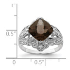 Sterling Silver Rhodium Checker-Cut Smoky Quartz & Diam. Ring