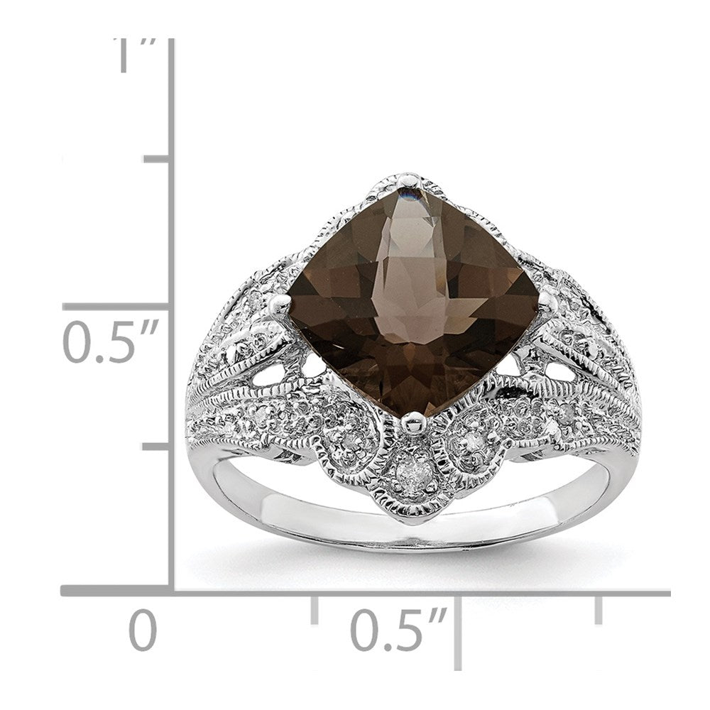 Sterling Silver Rhodium Checker-Cut Smoky Quartz & Diam. Ring
