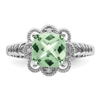Sterling Silver Rhodium Checker-Cut Green Quartz & Diam. Ring