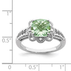Sterling Silver Rhodium Checker-Cut Green Quartz & Diam. Ring
