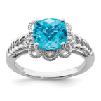 Sterling Silver Rhodium Checker-Cut Blue Topaz & Diam. Ring