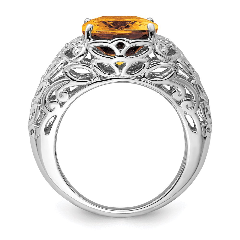 Sterling Silver Rhodium Whiskey Quartz & Diam. Ring