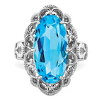 Sterling Silver Rhodium Oval Blue Topaz Ring