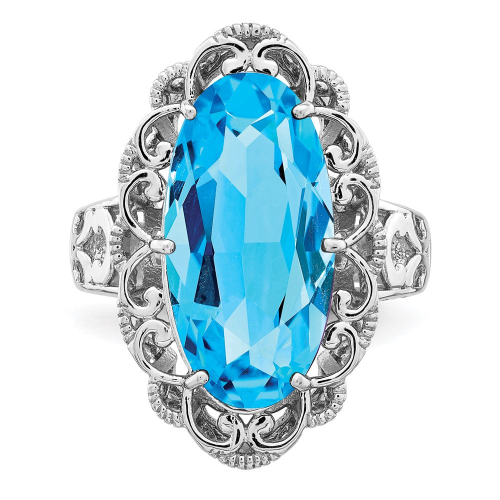 Sterling Silver Rhodium Oval Blue Topaz Ring