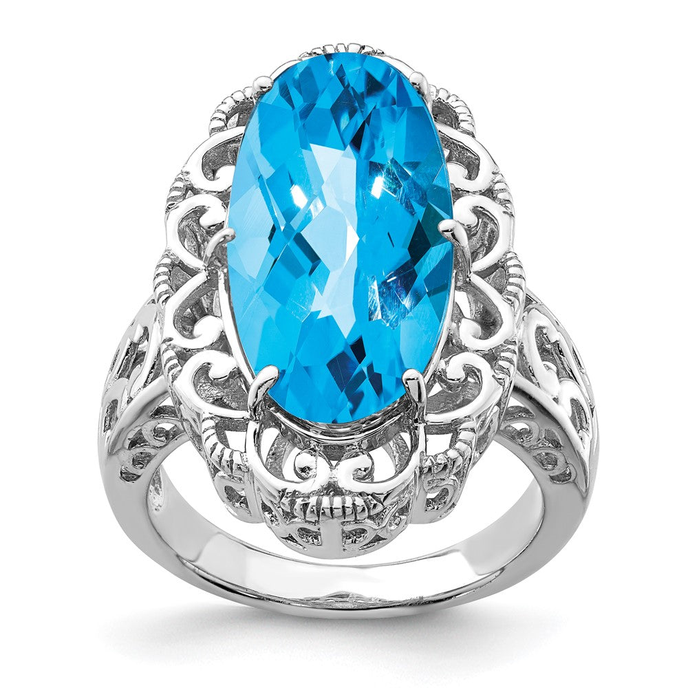 Sterling Silver Rhodium Oval Blue Topaz Ring