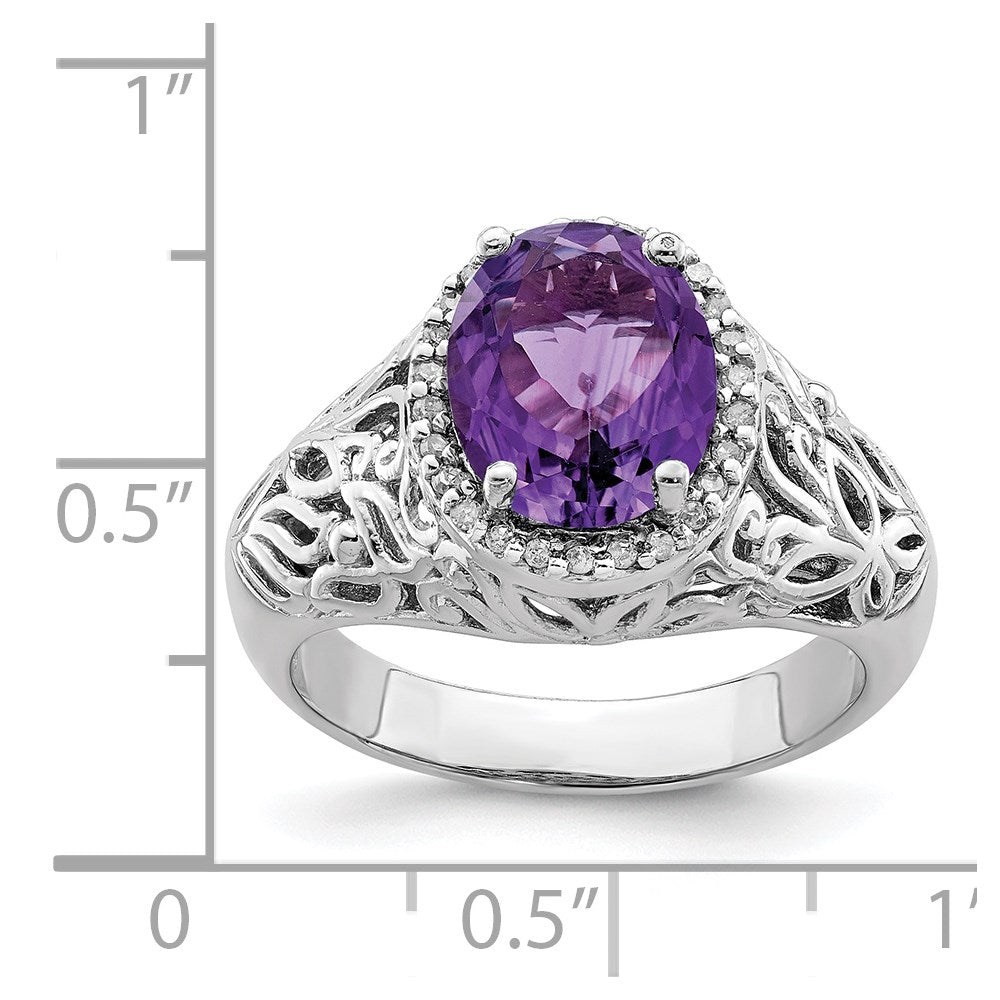 Sterling Silver Rhodium-plated Oval Amethyst & Diamond Ring