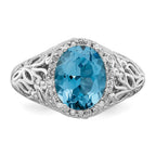 Sterling Silver Rhodium Oval Swiss Blue Topaz & Diam. Ring