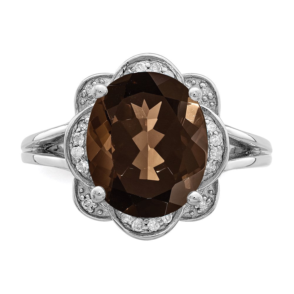 Sterling Silver Rhodium Oval Smoky Quartz & Diam. Ring