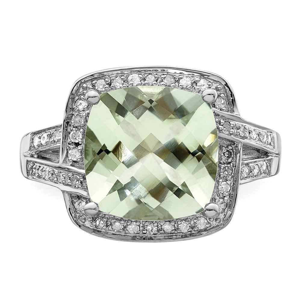Sterling Silver Rhodium Checker-Cut Green Quartz & Diam. Ring