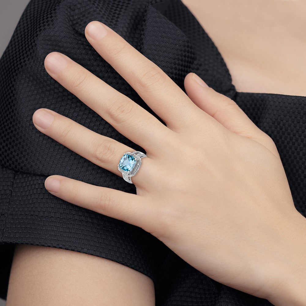 Sterling Silver Rhodium Checker-Cut Swiss Blue Topaz & Diam. Ring