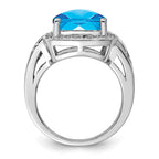 Sterling Silver Rhodium Checker-Cut Swiss Blue Topaz & Diam. Ring