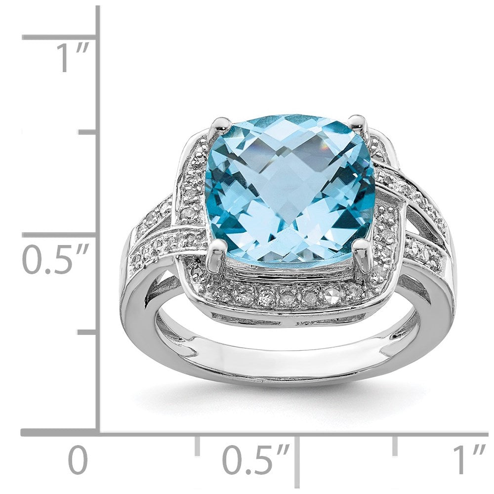 Sterling Silver Rhodium Checker-Cut Swiss Blue Topaz & Diam. Ring