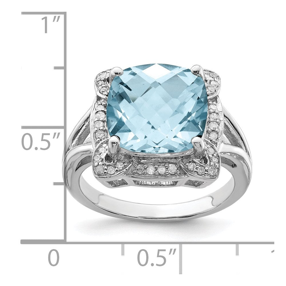 Sterling Silver Rhodium Checker-Cut Sky Blue Topaz & Diam. Ring