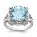 Sterling Silver Rhodium Checker-Cut Sky Blue Topaz & Diam. Ring