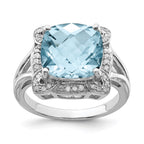 Sterling Silver Rhodium Checker-Cut Sky Blue Topaz & Diam. Ring