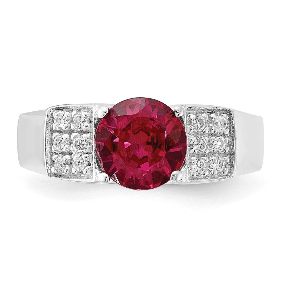 Sterling Silver Red Round w/Pav‚ Sides CZ Ring
