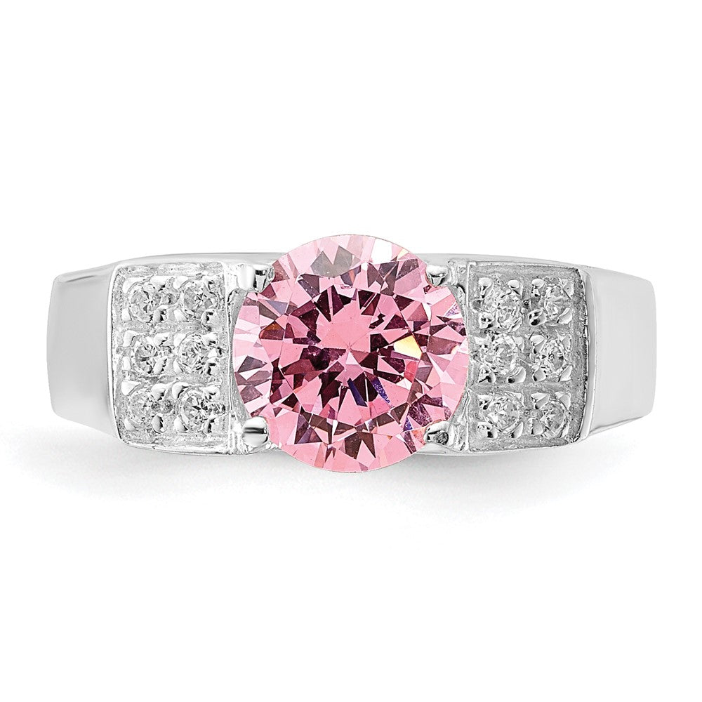 Sterling Silver Pink Round w/Pav‚ Sides CZ Ring