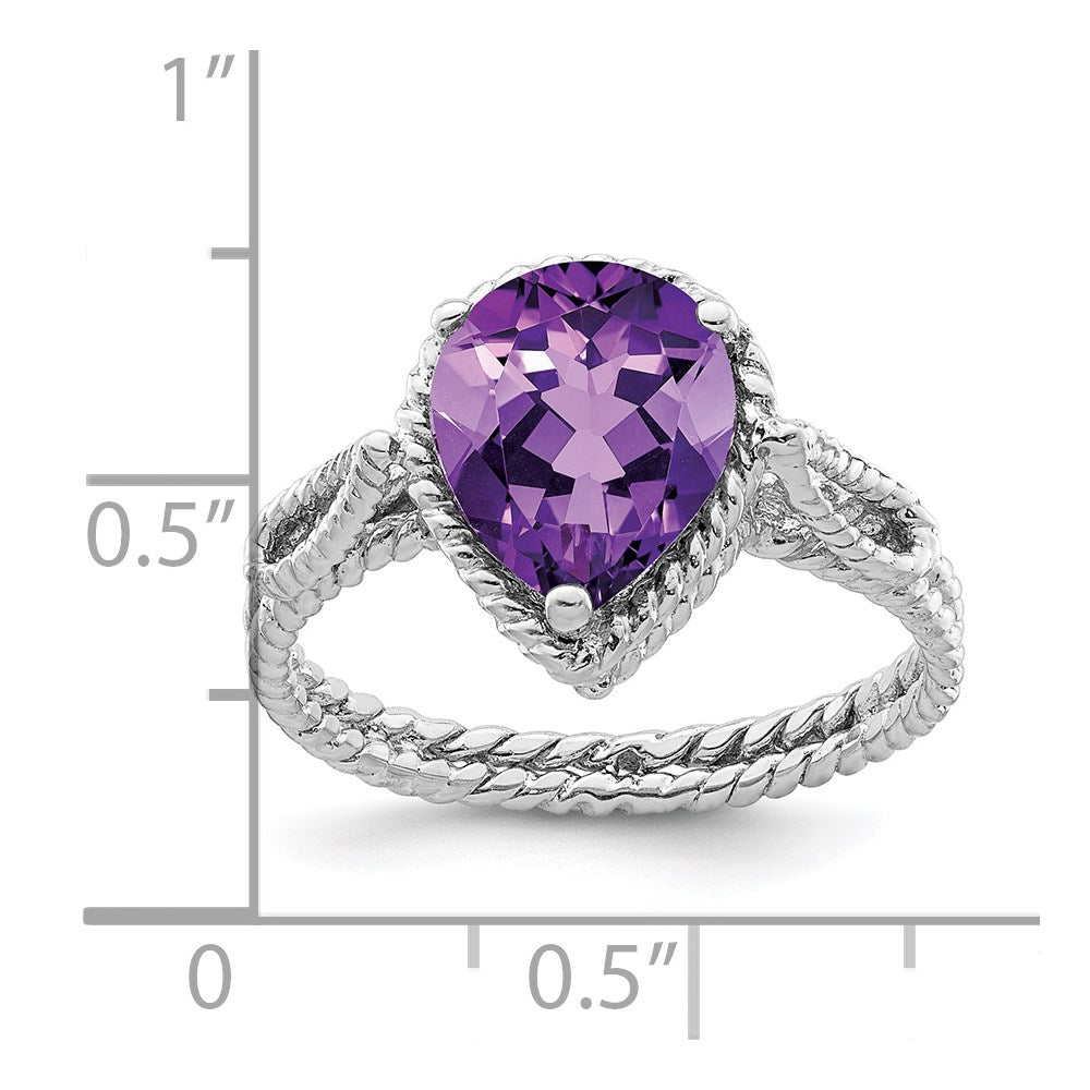 Sterling Silver Rhodium-plated Amethyst Pear Twisted Ring