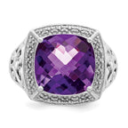 Sterling Silver Rhodium-plated Amethyst and Diamond Ring