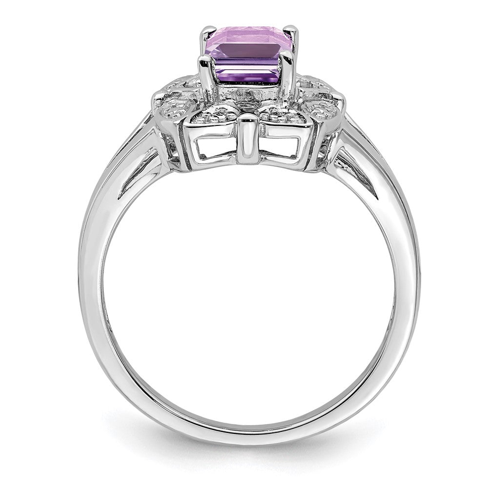 Sterling Silver Rhodium Diam. & Pink Quartz Ring