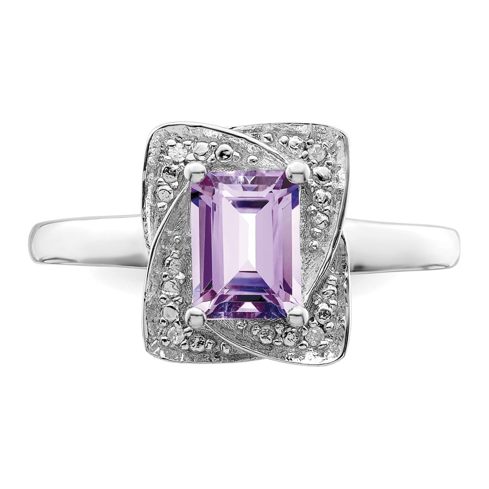 Sterling Silver Rhodium Diam. & Pink Quartz Ring