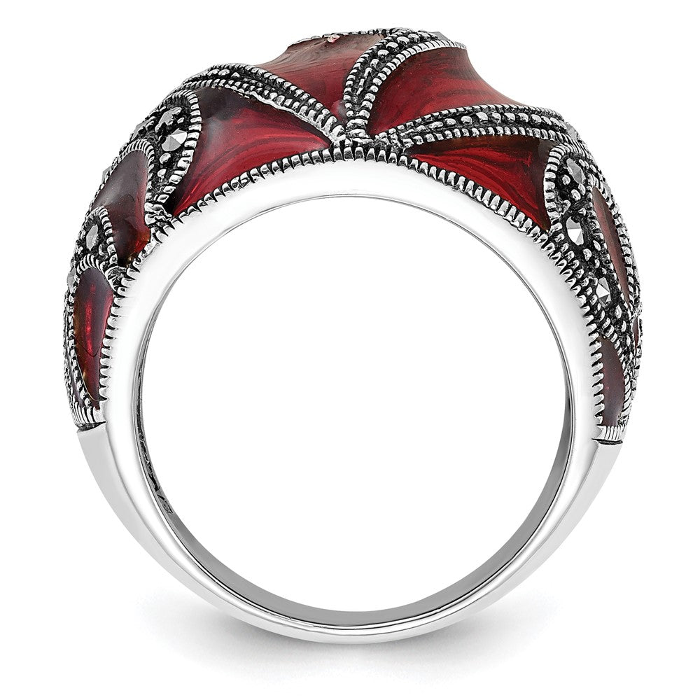 Sterling Silver Polished & Antiqued Marcasite & Red Epoxy Heart Ring