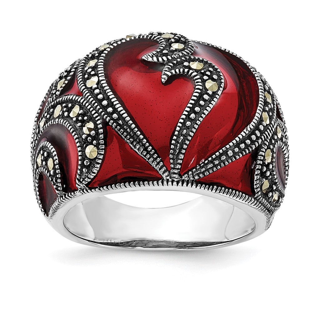 Sterling Silver Polished & Antiqued Marcasite & Red Epoxy Heart Ring