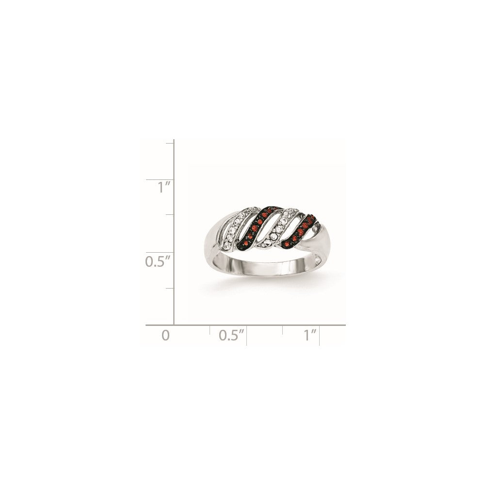 Sterling Silver Polished CZ & Red Glass Stone Ring