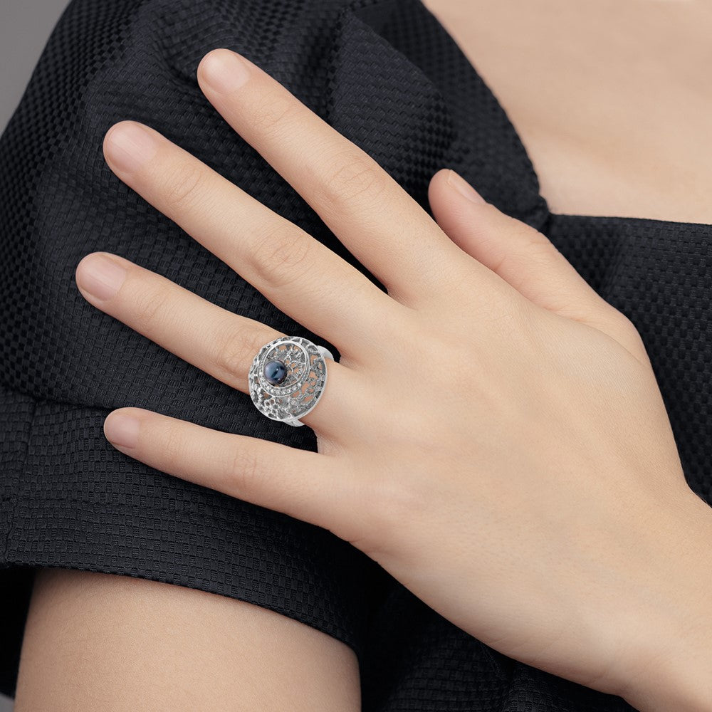 Sterling Silver Rhodium-plated Filigree Pattern CZ Accented Black Freshwater Cultured Pearl Round Ring