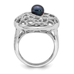Sterling Silver Rhodium-plated Filigree Pattern CZ Accented Black Freshwater Cultured Pearl Round Ring